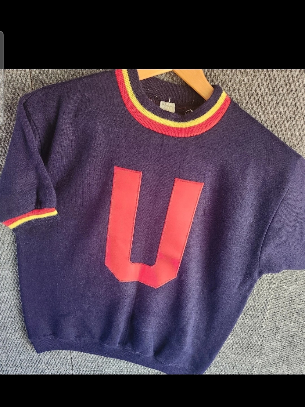 Vtg Brent Crewneck Sweater Navy Blue & Red Short Sleeve Creslan Varsity Letter U